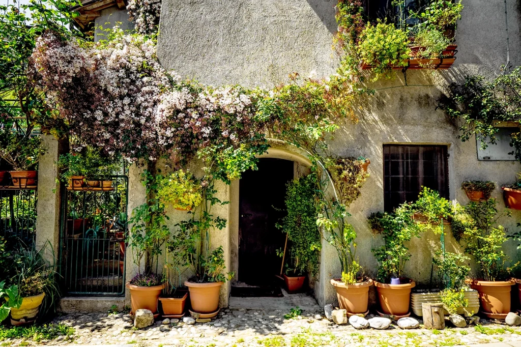 Facciata di abitazione tradizionale decorata da piante e fiori